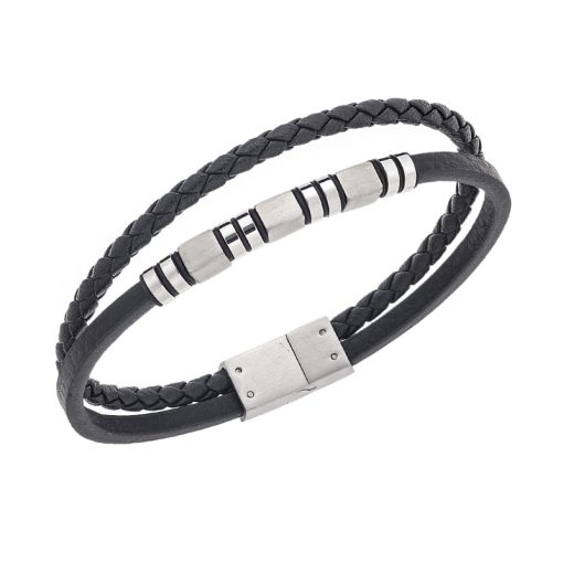 Βραχιόλι Senza Men's Silver Stainless Steel With Black Leather
