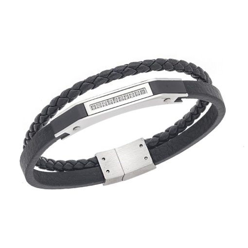Βραχιόλι Senza Men's Silver Stainless Steel With Black Leather