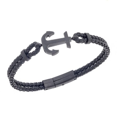 Βραχιόλι Senza Men's Steel, Black Anchor With Black Leather
