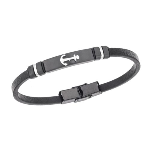 Βραχιόλι Senza Men's Steel, Black Leather Strap With Anchor