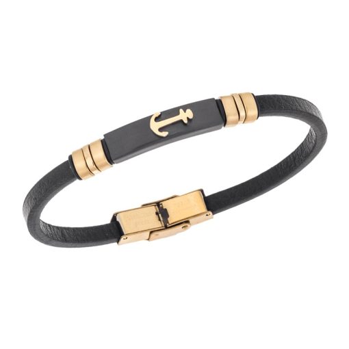 Βραχιόλι Senza Men's Gold Plated Steel, Black Leather Strap With Gold Anchor
