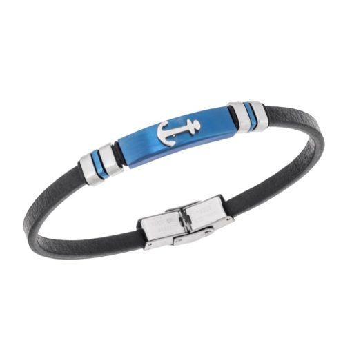 Βραχιόλι Senza Men's Steel, Black Leather Strap With Anchor
