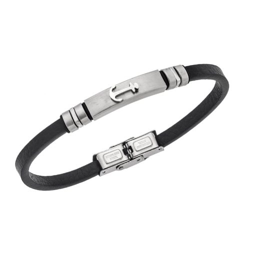 Βραχιόλι Senza Men's Steel, Black Leather Strap With Anchor