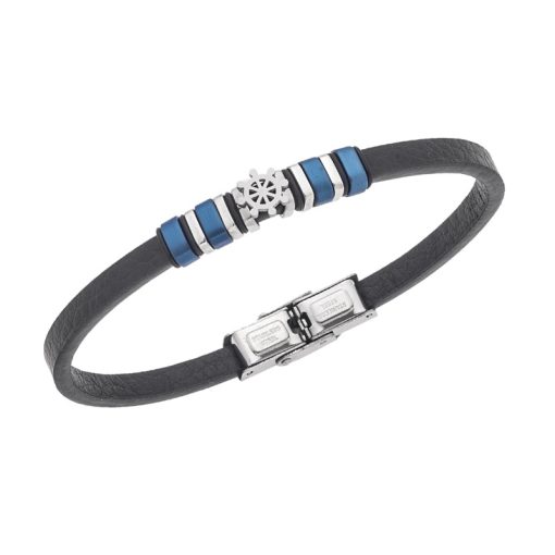Βραχιόλι Senza Men's Steel, Black Leather Strap