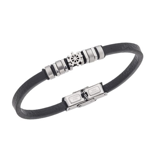 Βραχιόλι Senza Men's Steel, Black Leather Strap