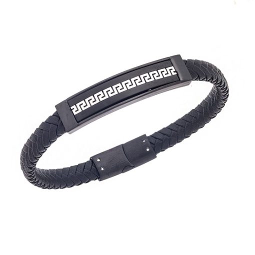 Βραχιόλι Senza Men's Steel Black Leather Strap, με Μαίανδρο