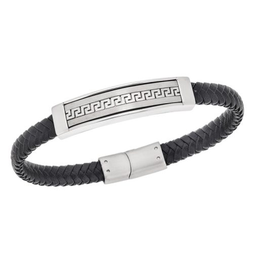 Βραχιόλι Senza Men's Steel Black Leather Strap, με Μαίανδρο