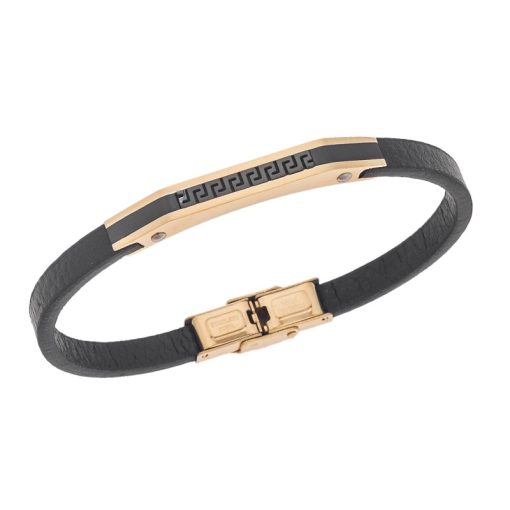 Βραχιόλι Senza Men's Gold Plated Steel Black Leather Strap, με Μαίανδρο