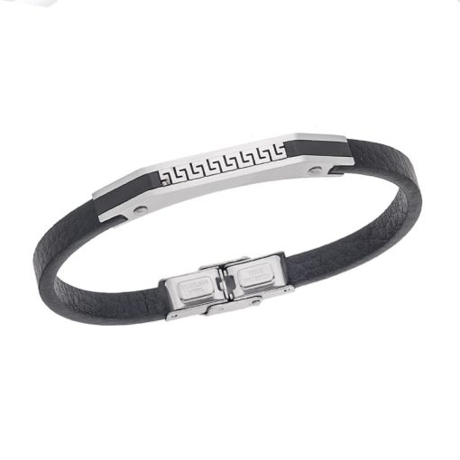 Βραχιόλι Senza Men's Steel Black Leather Strap, με Μαίανδρο