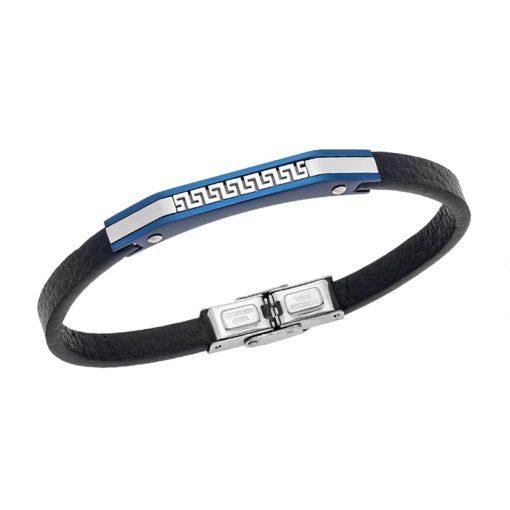 Βραχιόλι Senza Men's Steel Black Leather Strap, με Μαίανδρο