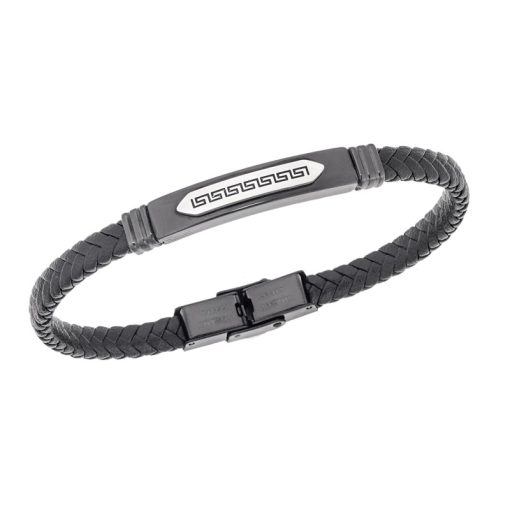 Βραχιόλι Senza Men's Steel Black Leather Strap, με Μαίανδρο