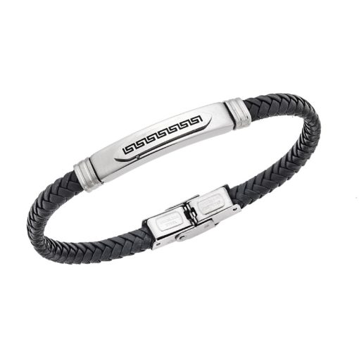 Βραχιόλι Senza Men's Steel Black Leather Strap, με Μαίανδρο