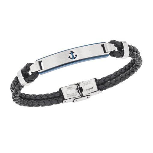 Βραχιόλι Senza Men's Steel, Black Leather Strap With Anchor