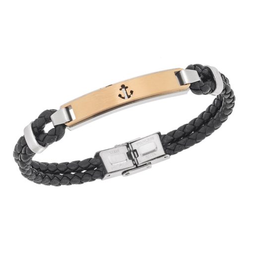 Βραχιόλι Senza Men's Gold Plated Steel, Black Leather Strap With Anchor