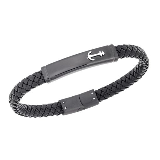 Βραχιόλι Senza Men's Steel, Black Leather Strap With Anchor