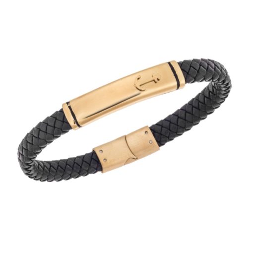 Βραχιόλι Senza Men's Gold Plated Steel, Black Leather Strap With Anchor