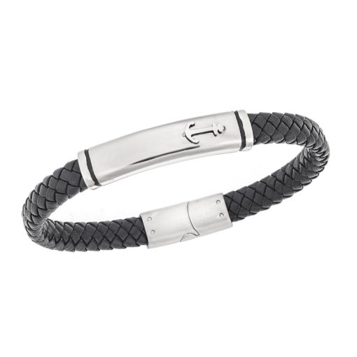 Βραχιόλι Senza Men's Steel, Black Leather Strap With Anchor