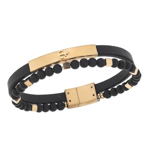 Βραχιόλι Senza Men's Gold Plated Steel, Black Leather Strap With Anchor