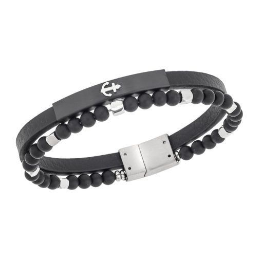 Βραχιόλι Senza Men's Steel, Black Leather Strap With Anchor