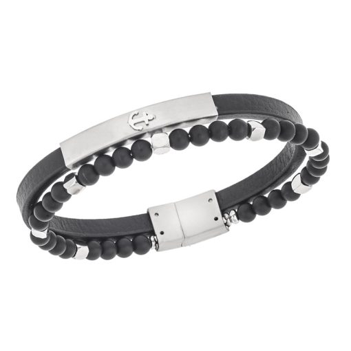 Βραχιόλι Senza Men's Steel, Black Leather Strap With Anchor