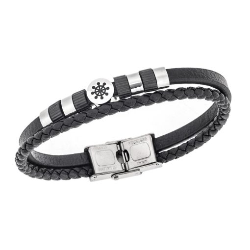 Βραχιόλι Senza Men's Steel, Black Leather Strap, με τιμόνι και μαύρα στοιχεία