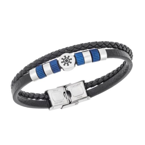 Βραχιόλι Senza Men's Steel, Black Leather Strap, με τιμόνι και μπλε στοιχεία