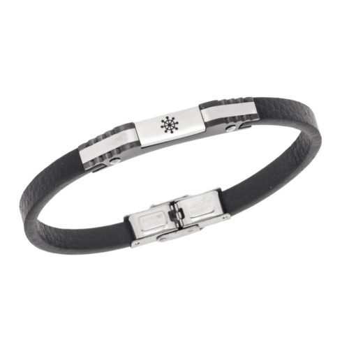 Βραχιόλι Senza Men's Steel, Black Leather Strap, Σχέδιο με τιμόνι