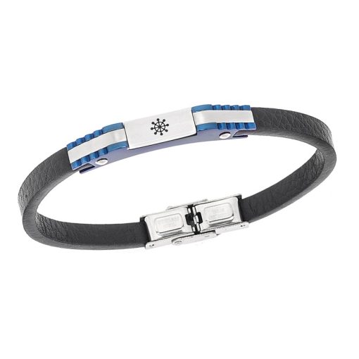 Βραχιόλι Senza Men's Steel, Black Leather Strap, Σχέδιο με τιμόνι