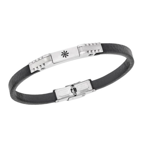 Βραχιόλι Senza Men's Steel, Black Leather Strap, Σχέδιο με τιμόνι