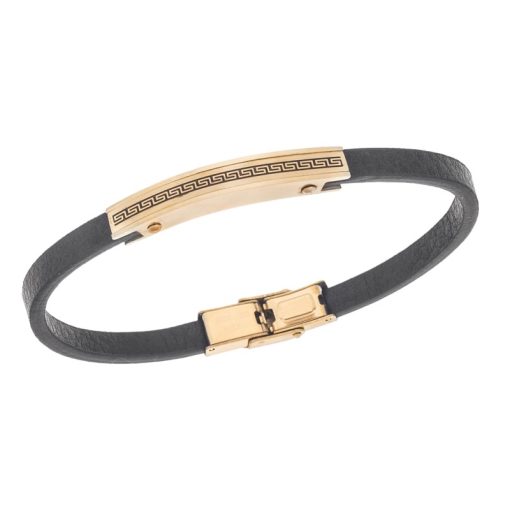 Βραχιόλι Senza Men's Gold Plated Steel, Black Leather Strap, Σχέδιο με μαίανδρο