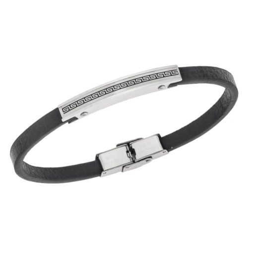 Βραχιόλι Senza Men's Steel, Black Leather Strap, Σχέδιο με μαίανδρο