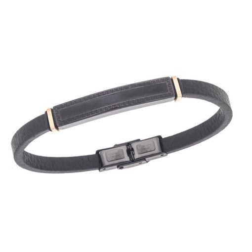 Βραχιόλι Senza Men's Steel, Black Leather Strap, Ταυτότητα με περιμετρικό μαίανδρο