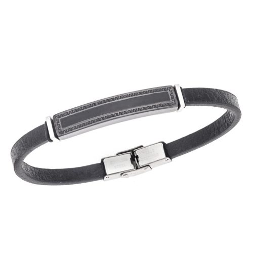 Βραχιόλι Senza Men's Steel, Black Leather Strap, Ταυτότητα με περιμετρικό μαίανδρο