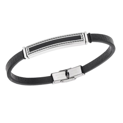 Βραχιόλι Senza Men's Steel, Black Leather Strap, Ταυτότητα με περιμετρικό μαίανδρο