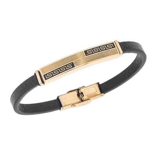 Βραχιόλι Senza Men's Gold Plated Steel, Black Leather Strap, με σχέδιο από διπλό μαίανδρο