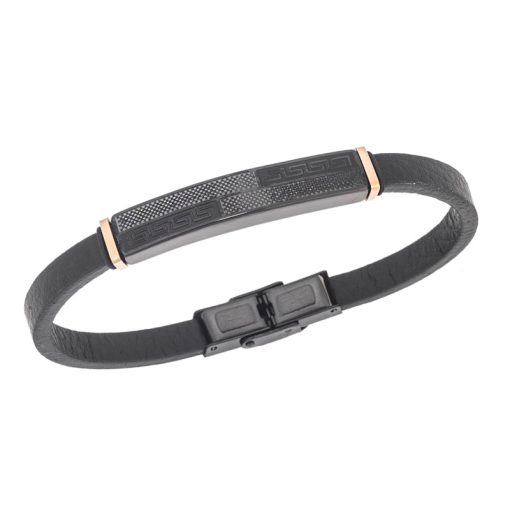 Βραχιόλι Senza Men's Steel, Black Leather Strap, με σχέδιο από διπλό μαίανδρο
