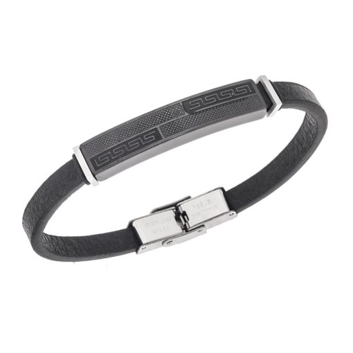 Βραχιόλι Senza Men's Steel, Black Leather Strap, με σχέδιο από διπλό μαίανδρο