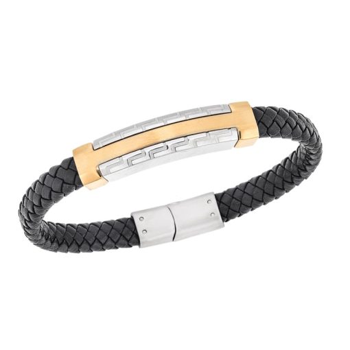 Βραχιόλι Senza Men's Gold Plated Steel, Black Leather Strap, Δίχρωμο σχέδιο με διπλό μαίανδρο