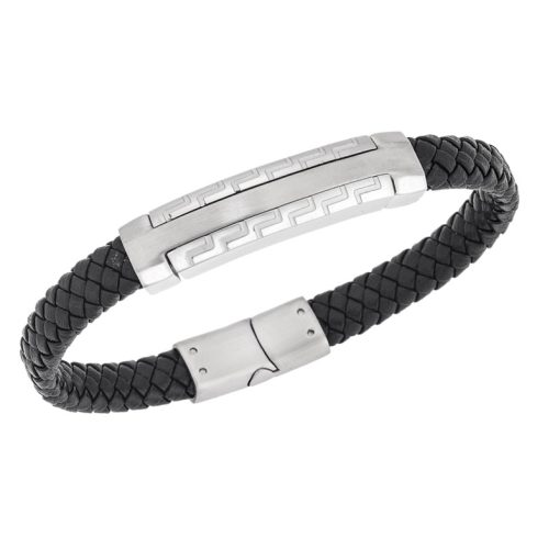 Βραχιόλι Senza Men's Steel, Black Leather Strap, Δίχρωμο σχέδιο με διπλό μαίανδρο