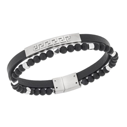 Βραχιόλι Senza Men's Steel, Black Leather Strap, Διπλό με ασημί μαίανδρο