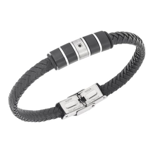 Βραχιόλι Senza Men's Steel, Black Leather Strap, με ασημί & μαύρα στοιχεία και μαύρη πέτρα