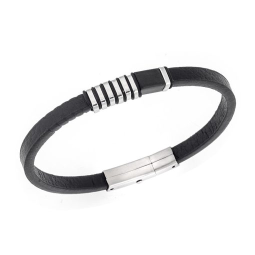 Βραχιόλι Senza Men's Steel, Black Leather Strap, με ασημί & μαύρα στοιχεία