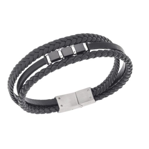 Βραχιόλι τριπλό Senza Men's Steel, Black Leather Strap, με ασημί & μαύρα στοιχεία
