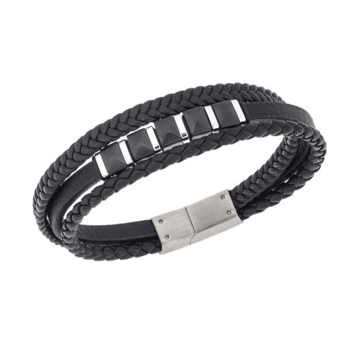 Βραχιόλι τριπλό Senza Men's Steel, Black Leather Strap, με ασημί & μαύρα στοιχεία