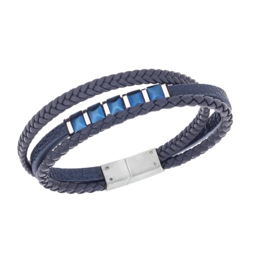 Βραχιόλι τριπλό Senza Men's Steel, Blue Leather Strap, με ασημί & μπλε στοιχεία
