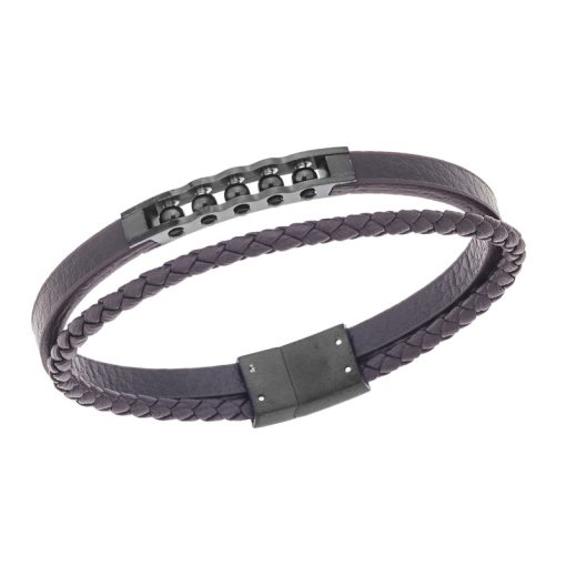 Βραχιόλι διπλό Senza Men's Steel, Brown Leather Strap, με μαύρο σχέδιο