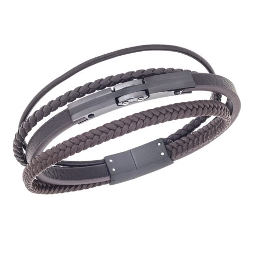 Βραχιόλι τριπλό Senza Men's Steel, Brown Leather Strap, με μαύρο σχέδιο