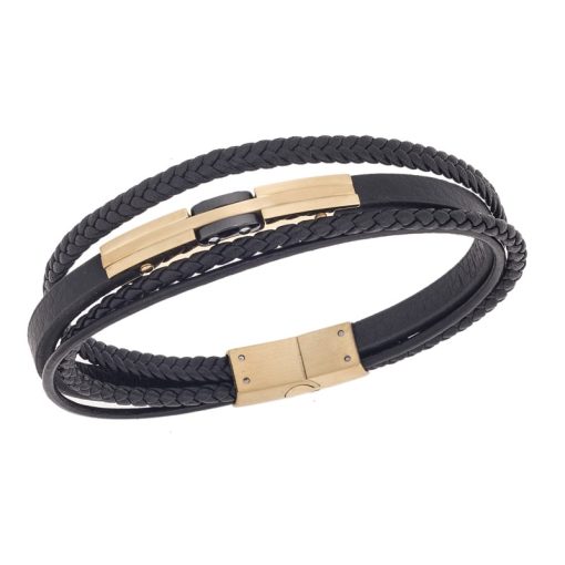 Βραχιόλι τριπλό Senza Men's Gold Plated Steel, Black Leather Strap, με χρυσό & μαύρο σχέδιο