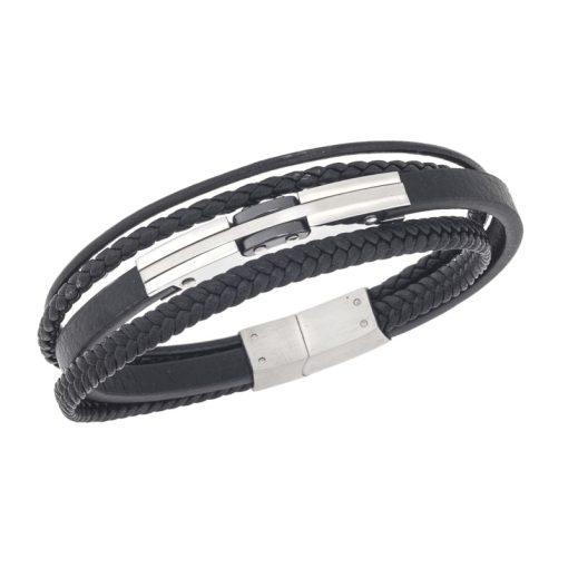 Βραχιόλι τριπλό Senza Men's Steel, Black Leather Strap, με ασημί & μαύρο σχέδιο