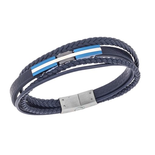 Βραχιόλι τριπλό Senza Men's Steel, Blue Leather Strap, με ασημί & μπλε σχέδιο